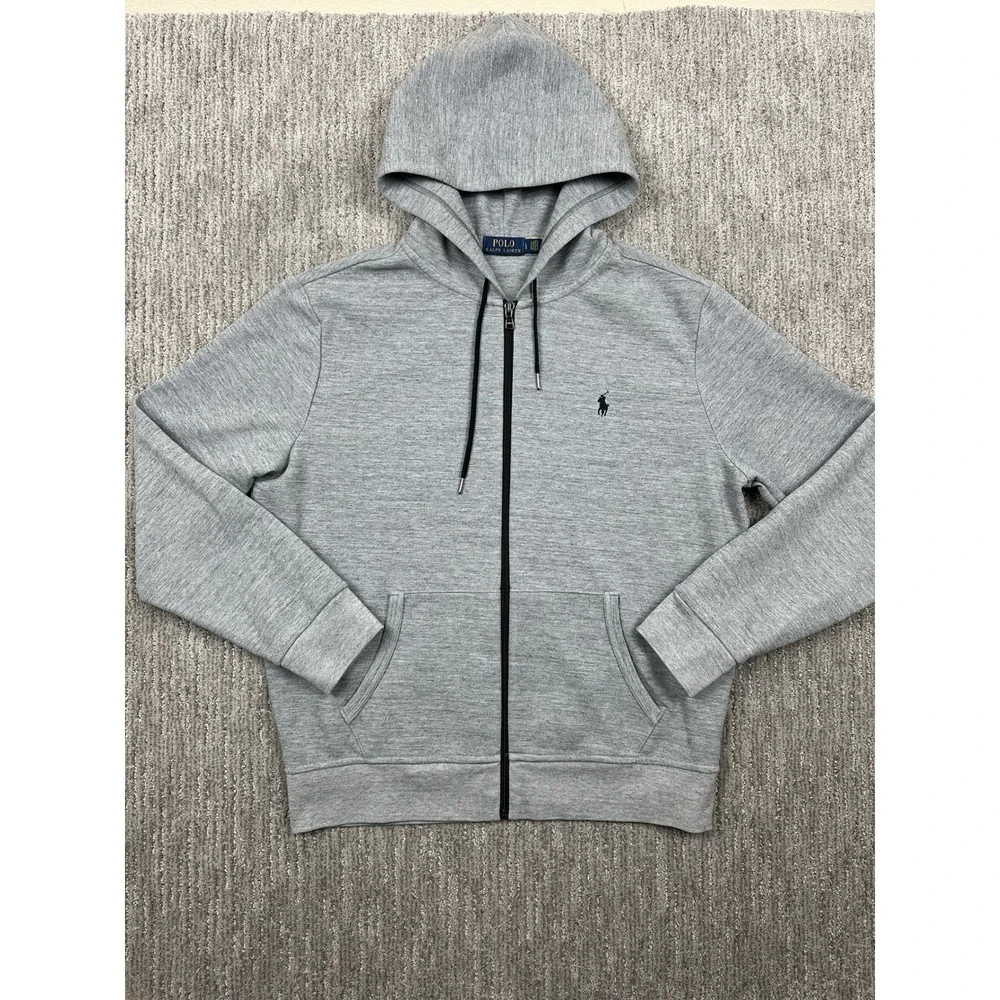 Polo Ralph Lauren Hoodie Men Large Gray Double Knit Tech Fleece Full Zip Pockets